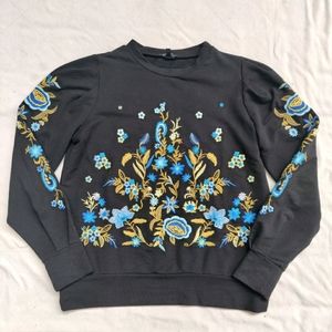 Drew Floral Boho Embroidered Pullover Sweatshirt Black Size Small